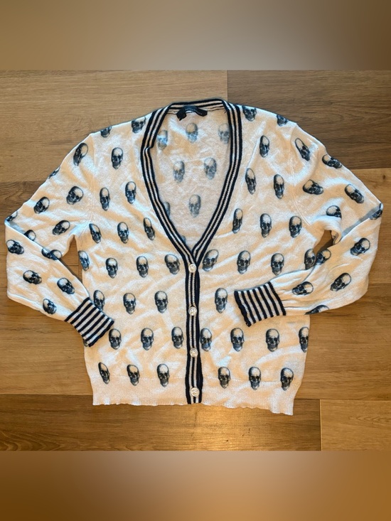 360 Cashmere Sweaters - 360 Cashmere Cream Cardigan with Navy Skull Motif and Striped Trim